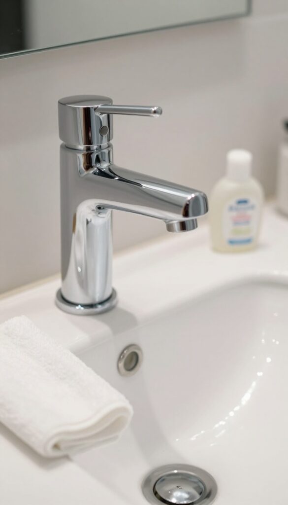 Polished chrome bathroom faucet and handle shining under natural light with a microfiber cloth and baby oil nearby.