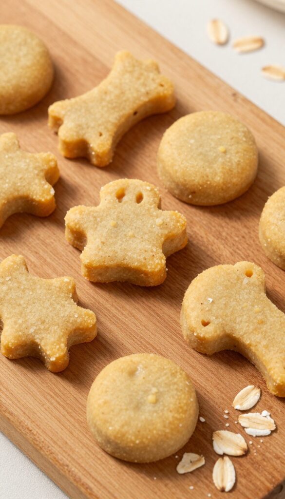 Homemade pumpkin and coconut oil dog treats, no-bake bites arranged on a wooden board with scattered oats.