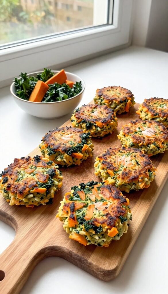 Homemade salmon and kale dog patties on a wooden board, with a dog paw reaching for one.