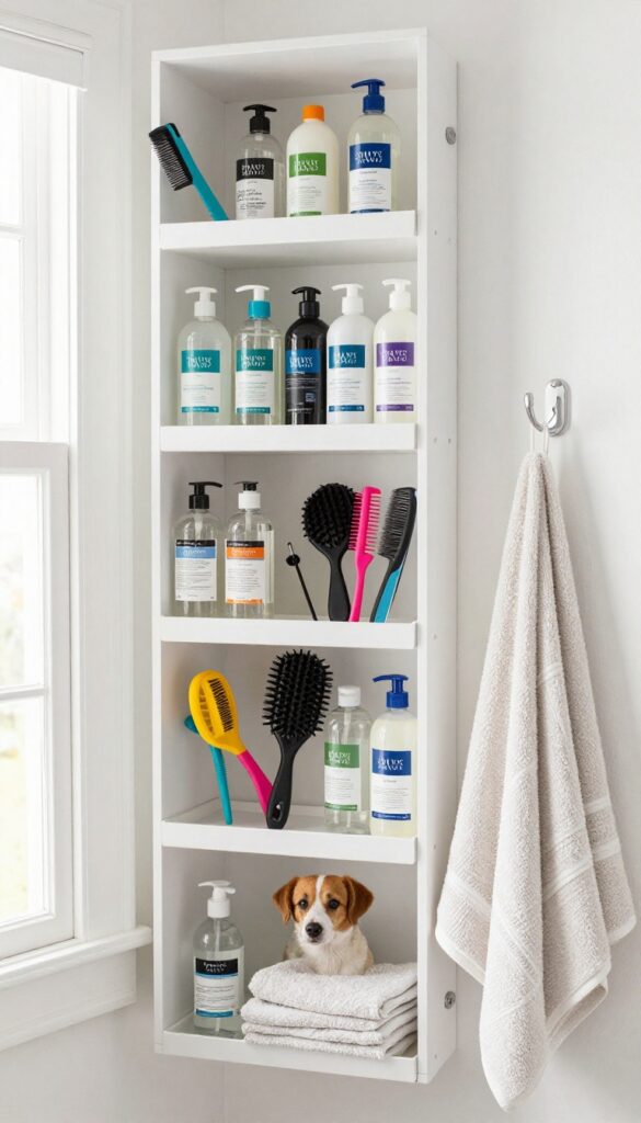 Wall-mounted grooming supply caddy with labeled bottles, brushes, and towel in a bright laundry room