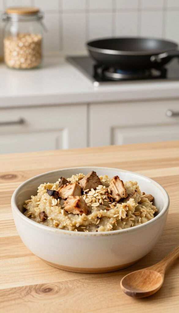 Homemade dog food chicken liver and oatmeal mash in a bowl on a wooden table with a spoon and cooking ingredients in the background.