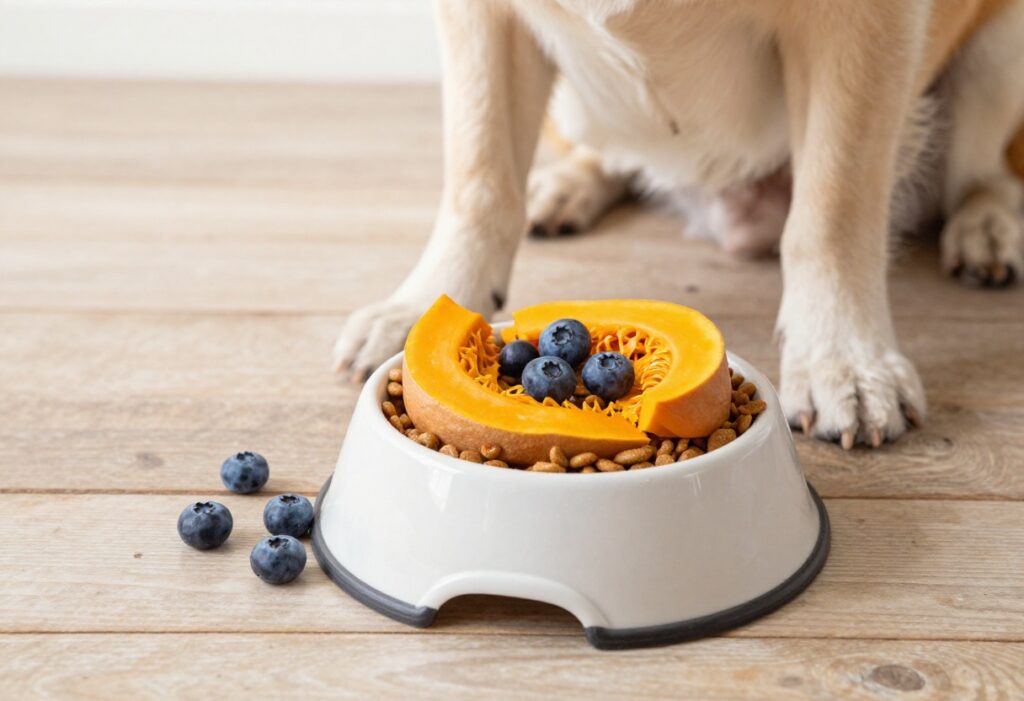 Homemade dog kibble topper with pumpkin and blueberries in a dog bowl, cozy pet food photography.