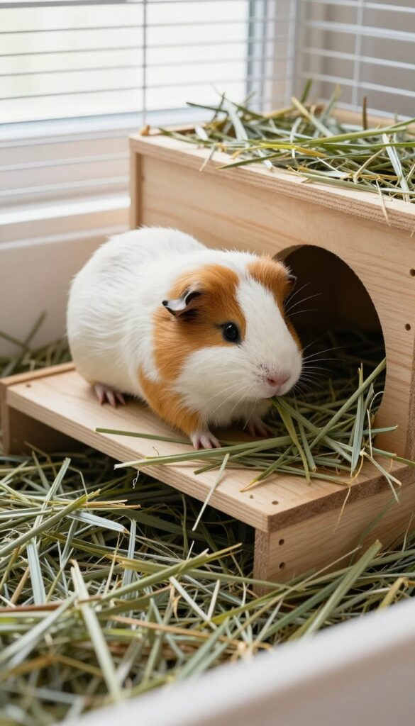 Guinea pig standing on a raised hay platform inside a clean cage, eating hay from a fleece-lined area.