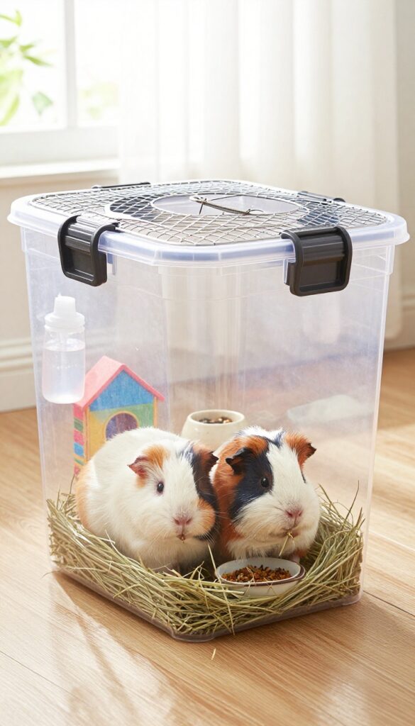 Large clear plastic storage bin guinea pig enclosure with ventilation mesh, fleece liner, hideout, hay rack, water bottle, and food bowl, two guinea pigs inside, bright natural light