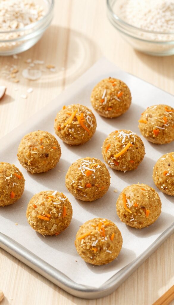 Homemade carrot and coconut dog treat balls on a parchment-lined tray, ready for refrigeration.