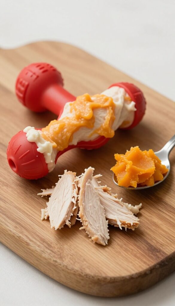 Dog Kong stuffed with shredded chicken and pumpkin mash, with extra chicken and pumpkin on the side, on a wooden board.