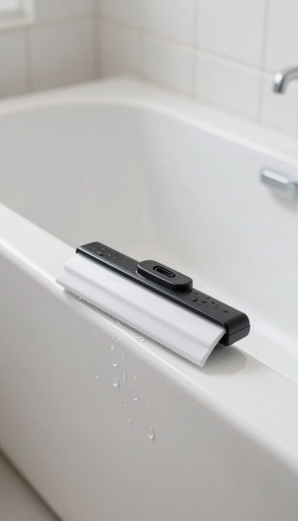 Handheld squeegee on the edge of a clean, wet bathtub with natural light, demonstrating post-bath squeegee habit for a smooth fresh shine.