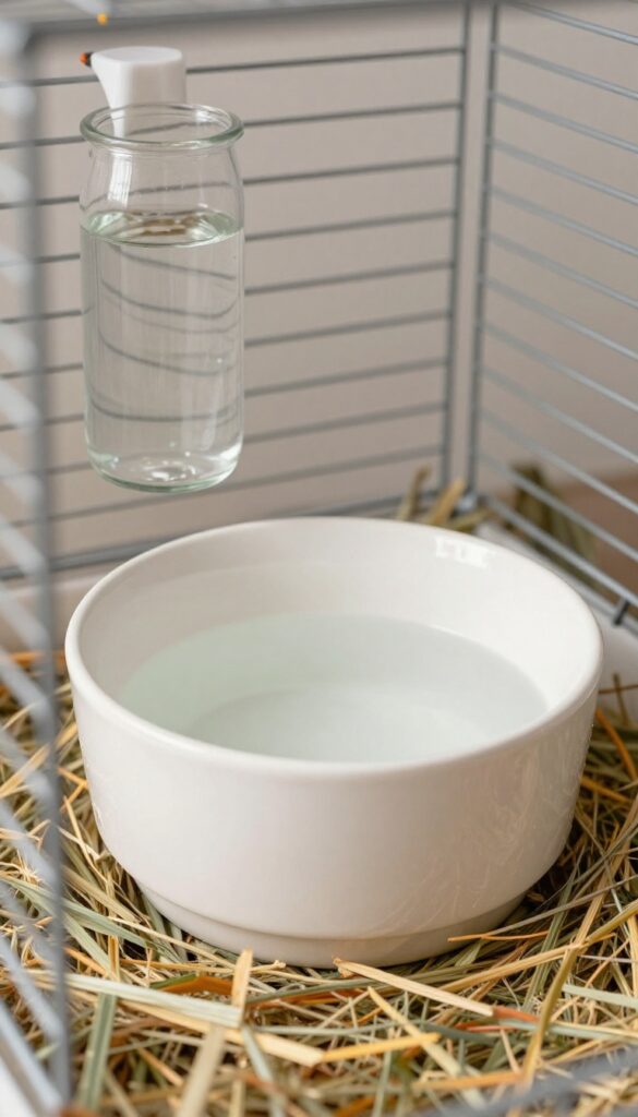 Guinea pig habitat with water bottle and ceramic bowl setup