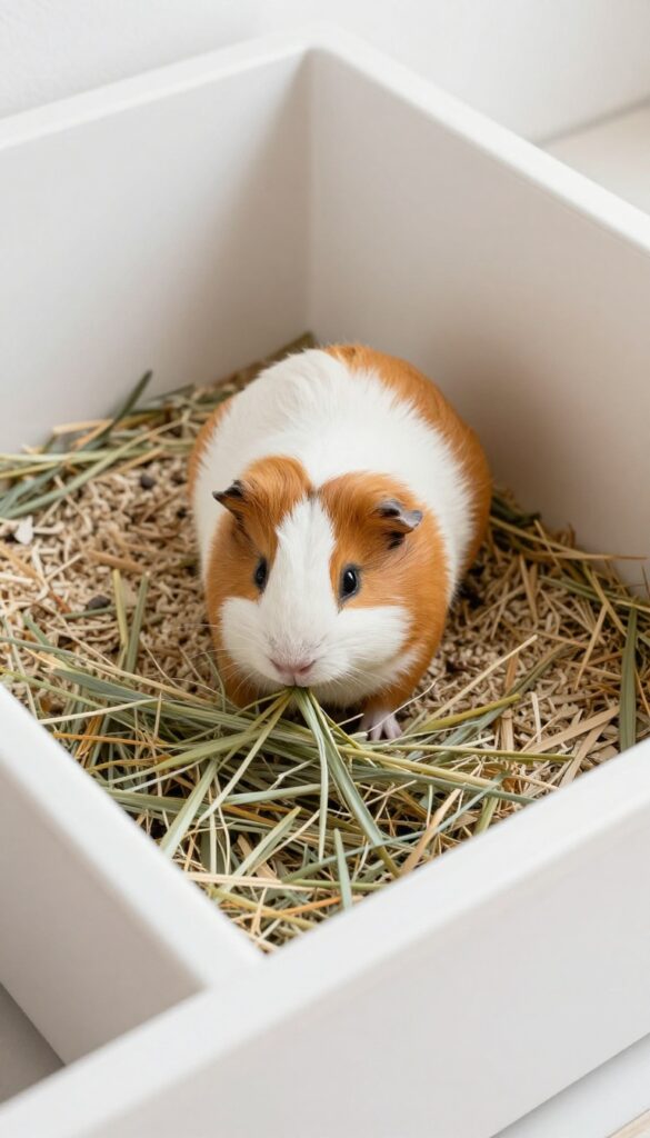 Guinea pig using a corner litter pan filled with paper litter and hay in a clean cage.