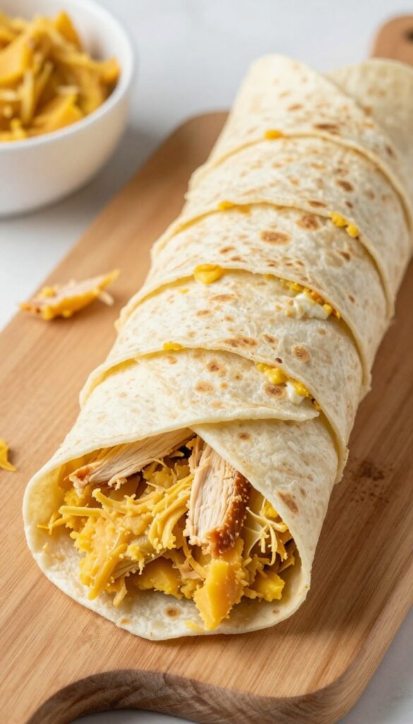 Chicken and sweet potato spirals for dogs, sliced and arranged on a cutting board, showing the rolled tortilla layers.