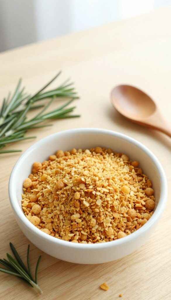 Homemade rosemary roasted bits for dog food toppers, served in a small white bowl on a wooden surface.