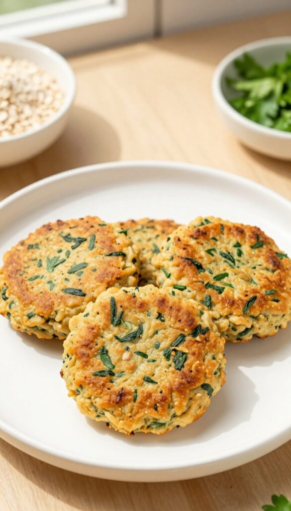 Three baked turkey gizzard and spinach patties on a white plate, homemade dog food meal prep