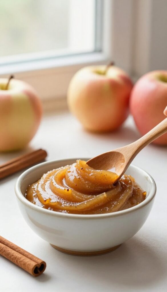 Homemade dog treat apple cinnamon warm paste in a bowl, natural light, photorealistic pet food photography
