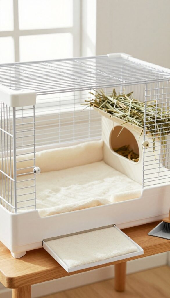 Guinea pig cage with drop-down front door lowered for easy cleaning, fleece liner, hideout, and hay rack in bright natural light.