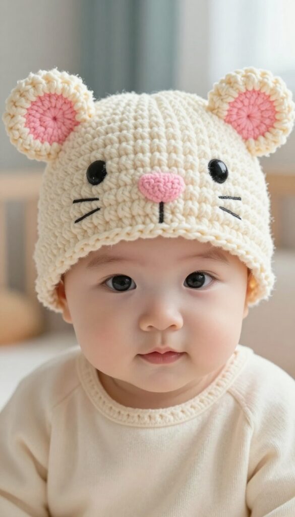 Baby wearing a crochet guinea pig hat with embroidered face and pom-pom ears