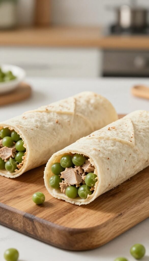 Sliced turkey and green bean roll-ups on a wooden board, homemade dog treats for portioning.