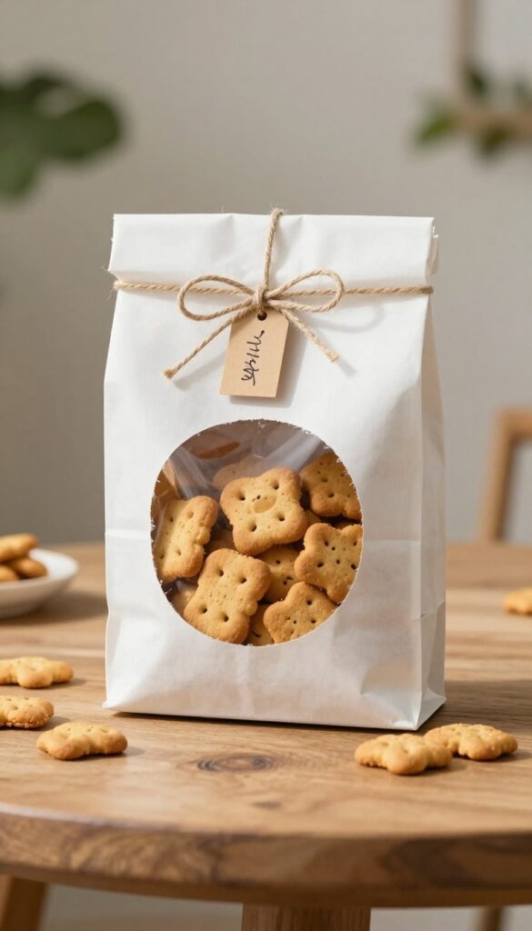 Kraft paper bag with window cutout showing dog treats on a wooden table