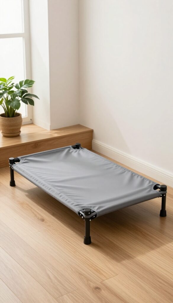 Foldable pet bed on apartment balcony