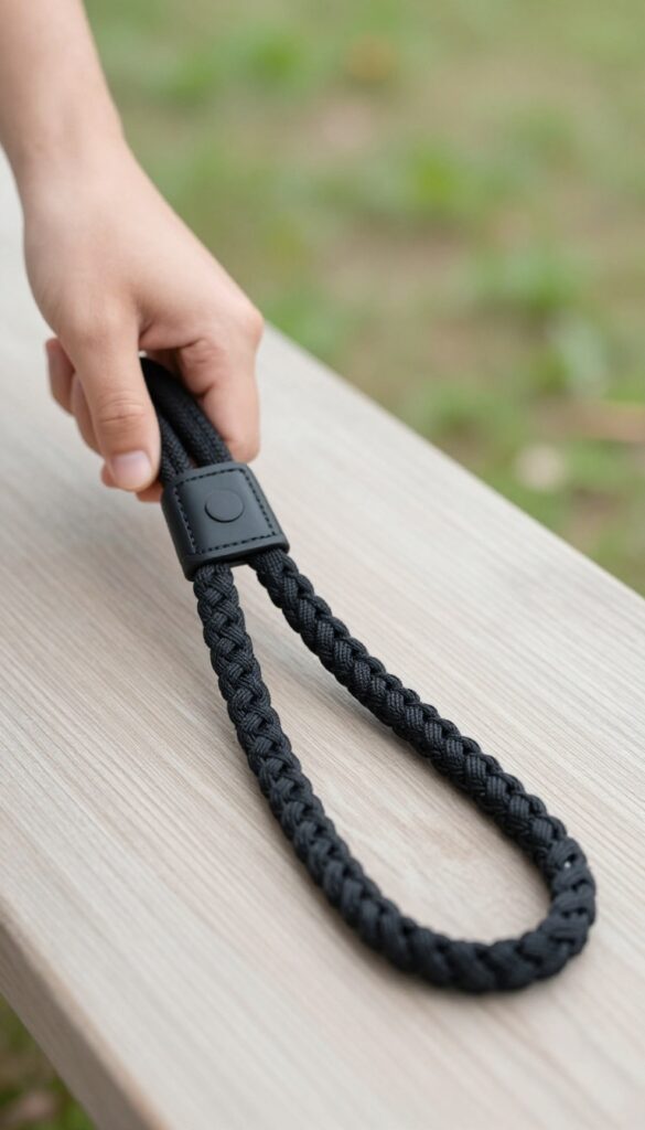 Hand holding a thick cobra knot paracord dog leash with intricate braiding pattern, resting on a wooden surface in natural light.