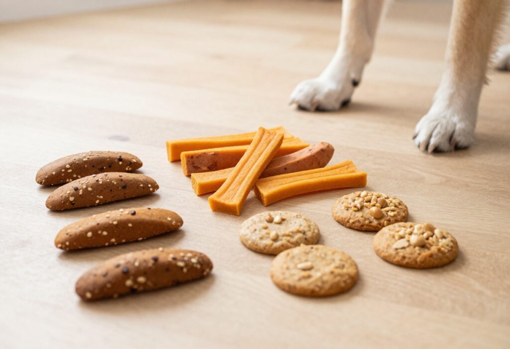 Assorted homemade soft dog treats on a wooden board with a dog's paw