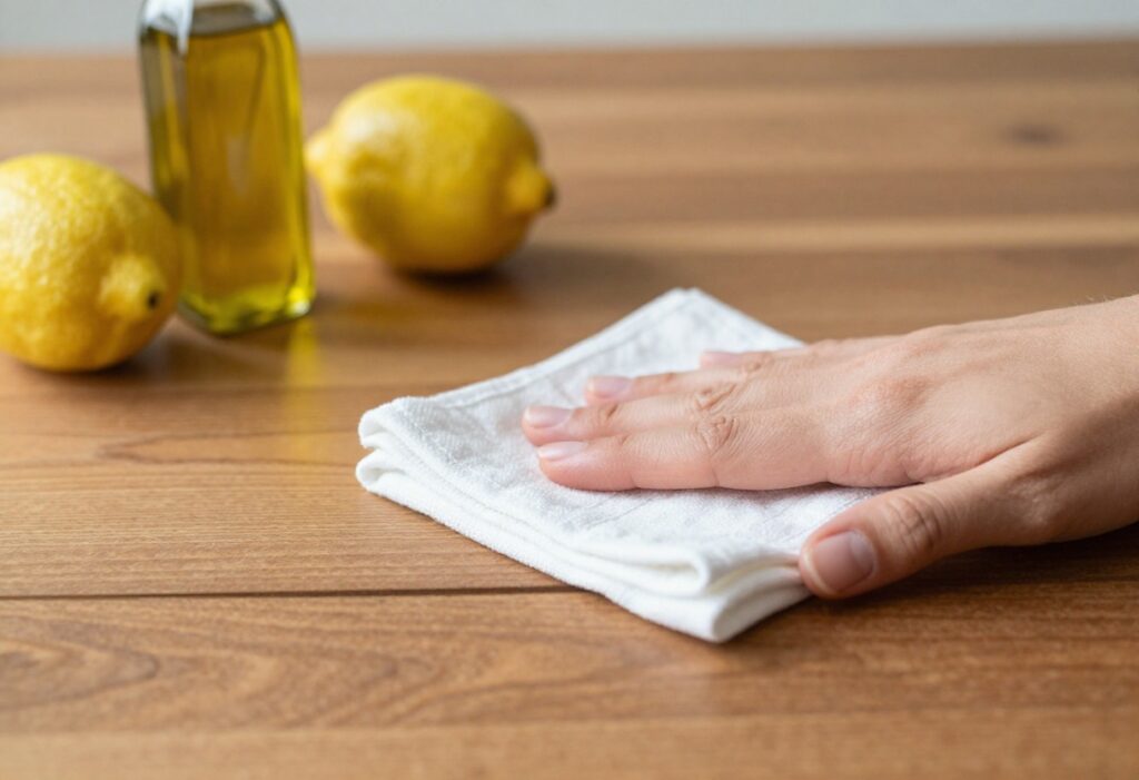 Hand polishing a wooden table with a cloth, olive oil and lemon on the side