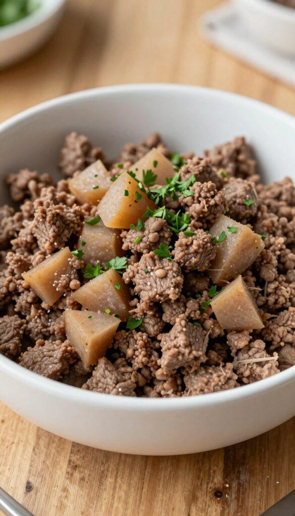 Homemade dog food bowl with turnip and beef, garnished with parsley, on a wooden table in natural light.
