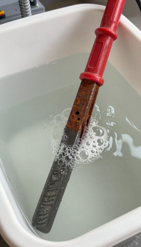 DIY electrolysis bath setup for rust removal with car battery charger