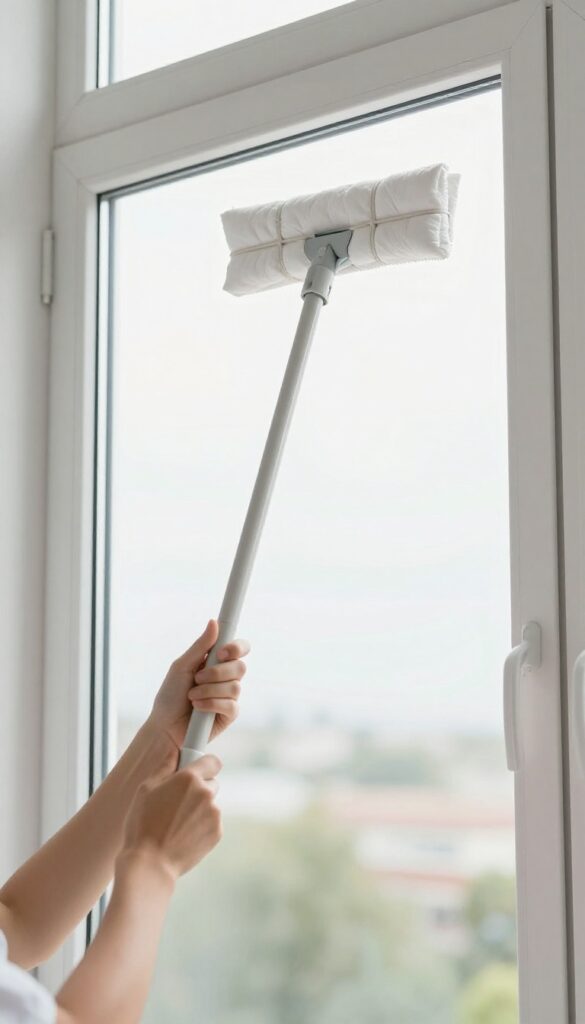 Person cleaning a high window using a mop with a pillowcase attached, bright natural light, clean home interior.