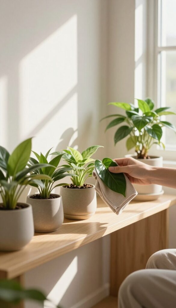 Hand wiping dust off a houseplant leaf in a sunlit room with multiple plants on a shelf