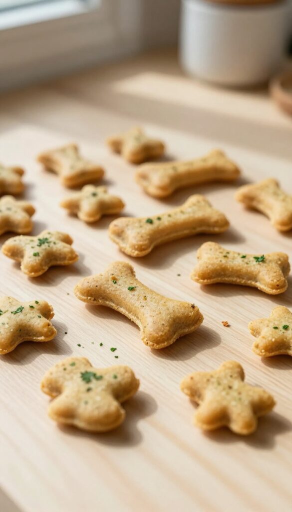 Homemade salmon and parsley training bites for dogs, grain-free and soft, arranged on a wooden surface with a treat jar in the background.
