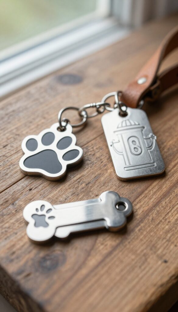 Three custom-shaped dog ID tags in paw, bone, and fire hydrant shapes on a wooden surface, with soft natural light and a blurred green background.