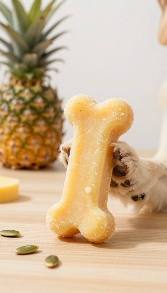 Close-up of a frozen dog treat made with millet and pumpkin, shaped like a bone, held by a dog's paw on a wooden surface.