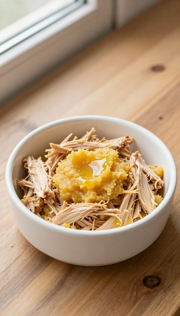 Dog breakfast bowl with shredded chicken and mashed sweet potato, topped with coconut oil, in a white ceramic bowl on a wooden table.