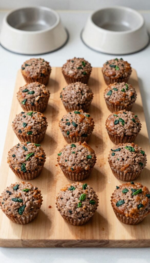 Homemade dog meatloaf muffins made with ground beef and spinach, arranged on a wooden cutting board, with one muffin broken open to show the texture.