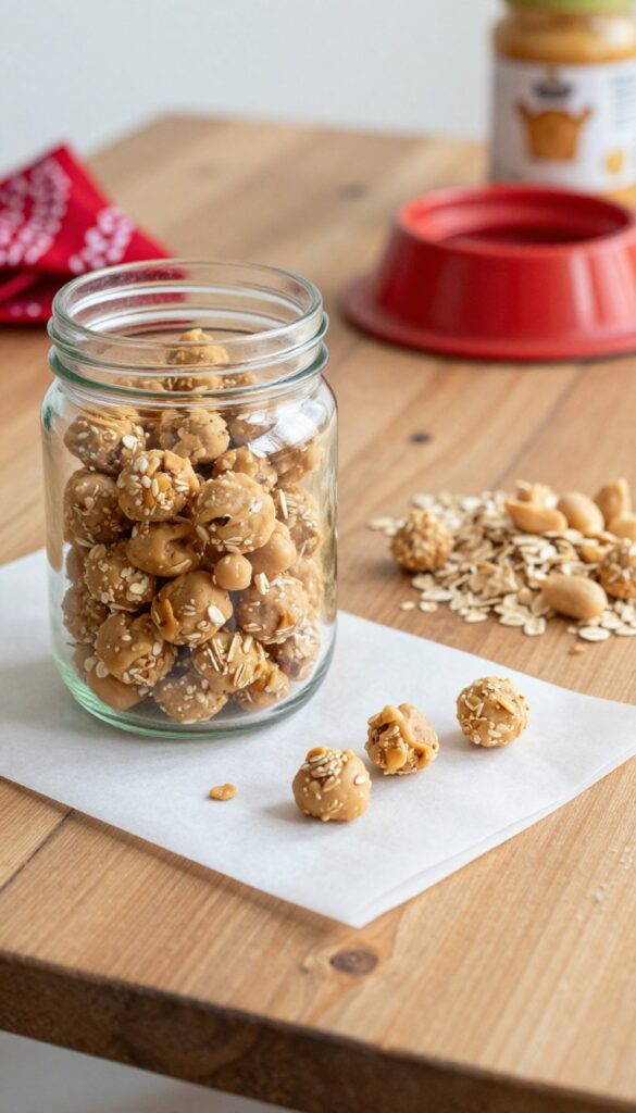 Homemade peanut butter and oat trail bites for dogs in a glass jar on a wooden table with camping gear.