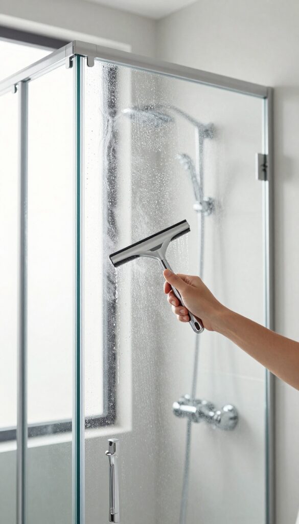 A hand squeegeeing a wet glass shower door in a bright, clean bathroom with chrome fixtures and steam rising.