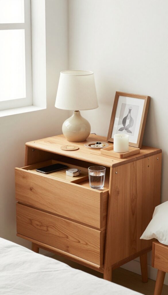 Organized nightstand and dresser tops with minimal items, trays, and natural light
