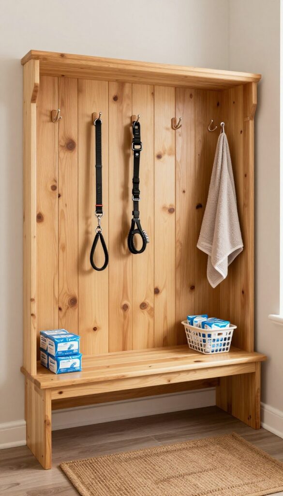 Mudroom entry with dog gear station featuring hooks, bench, basket, and mat