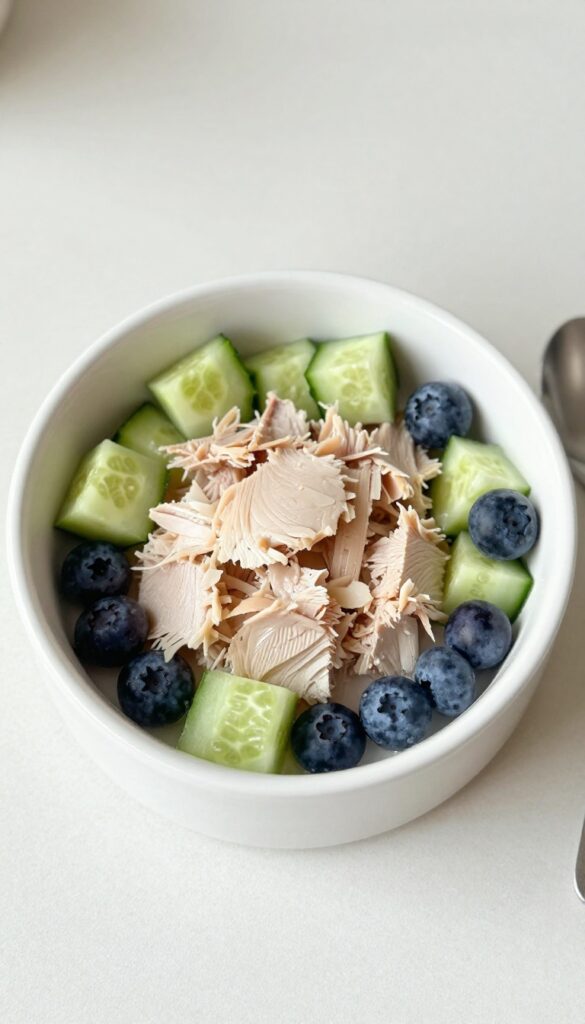 Homemade dog lunch bowl with tuna, cucumber, and blueberries in a small white bowl on a kitchen counter.