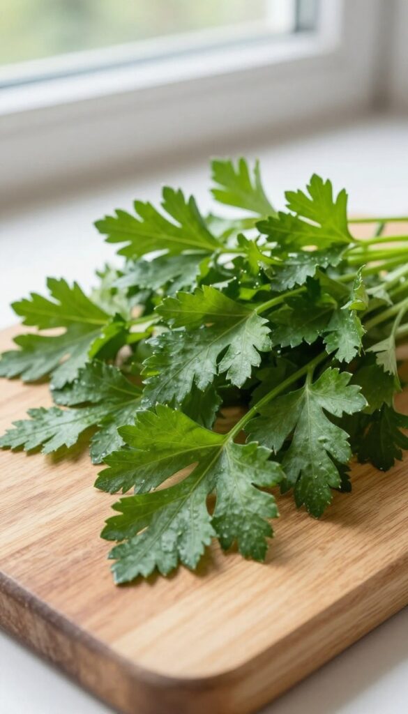 Fresh parsley sprigs on a wooden cutting board in natural light