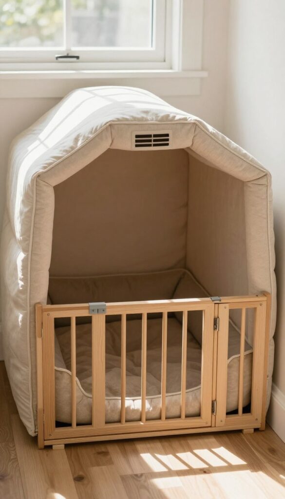 Cozy under-stair dog crate nook with large bed and baby gate