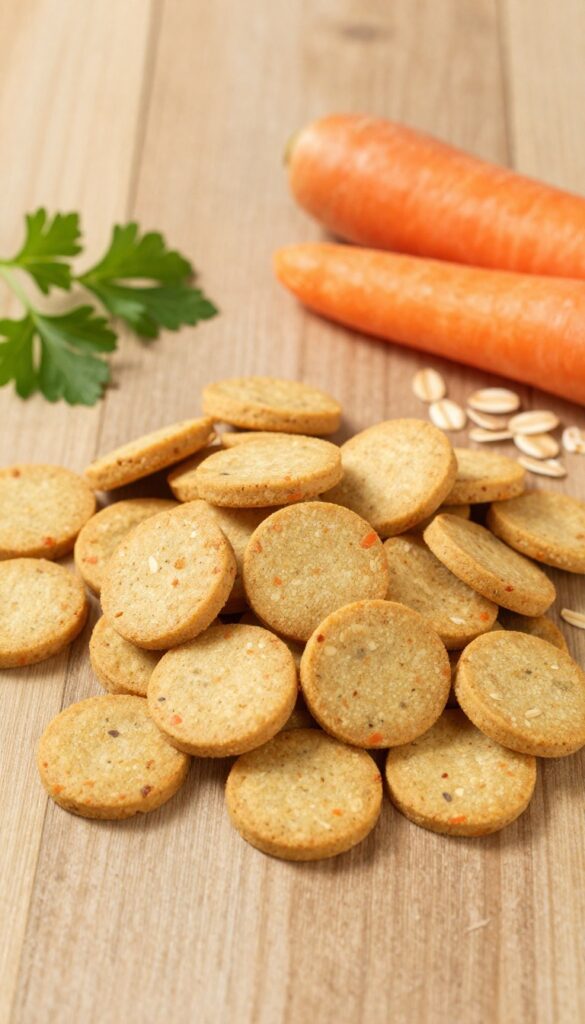 Homemade carrot and oat crunchies dog treats on a wooden table with oats, grated carrot, and parsley.