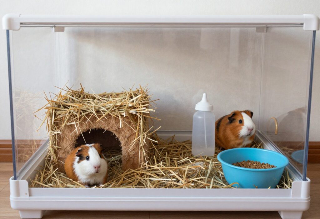 Guinea pig enclosure with fleece liner, hideout, and hay rack in a bright room.