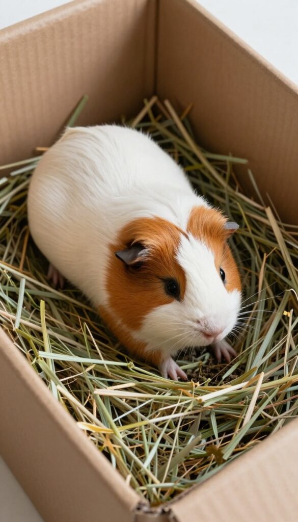 Guinea pig digging in a hay-filled cardboard box