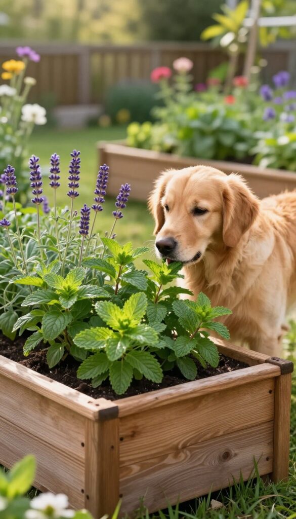 Dog sniffing herbs in a raised garden bed, soft natural light