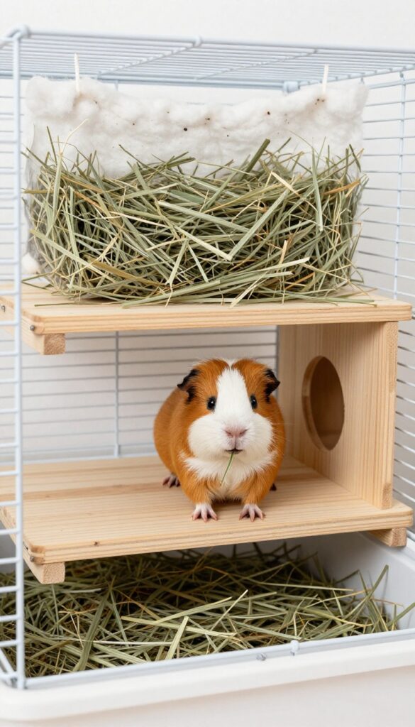 Guinea pig reaching for hay from a hanging sack on a platform with a hideout below