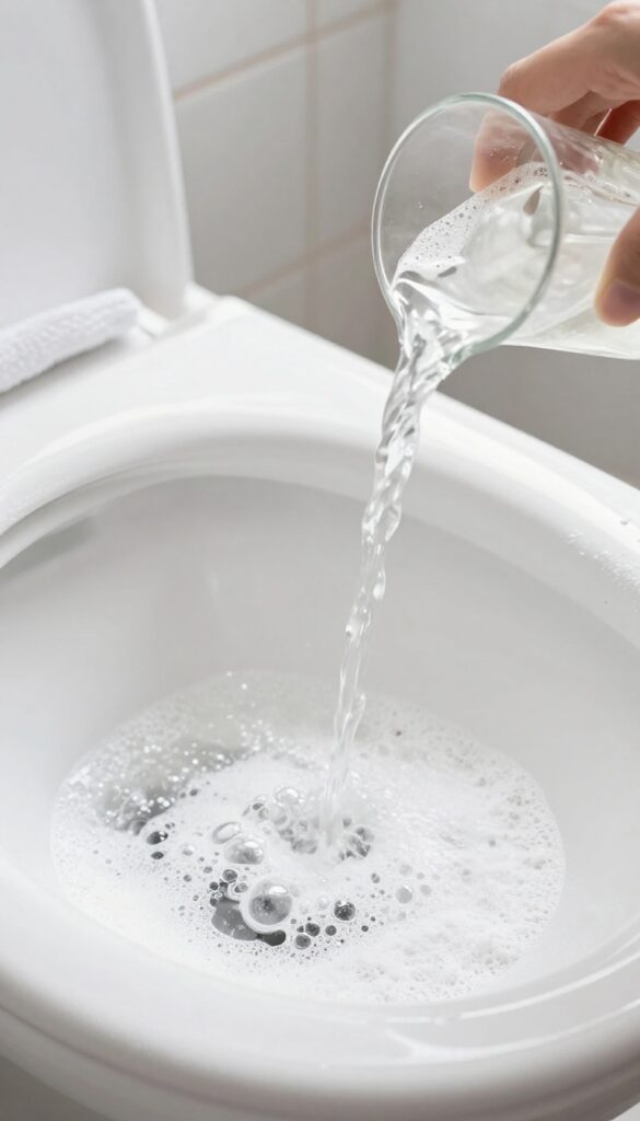 Pouring white vinegar into a toilet bowl with baking soda, creating fizzing bubbles to neutralize urine smell.