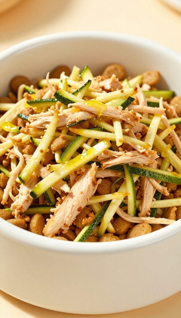 A dog bowl with kibble topped with shredded zucchini and chicken, drizzled with olive oil, bright natural light.