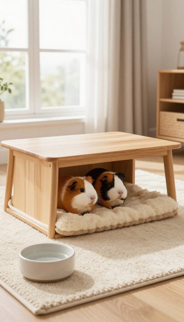 A quiet corner guinea pig enclosure with sound dampening features, soft bedding, and hideouts in a bright, calm room.