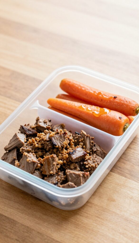 Dog bento box with lamb and roasted carrots and bone broth